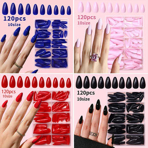 A full 120-piece set of summer-style women's acrylic press on nails in various solid colors and designs.