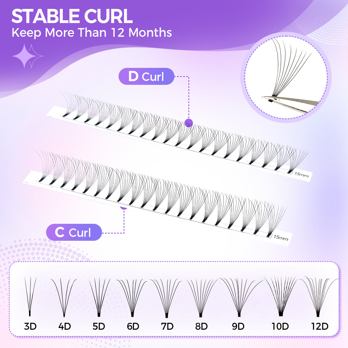 JINYANHUA 8-15mm Mixed Long & Short Stalks 0.07mm 8D Flat Tip Large Capacity