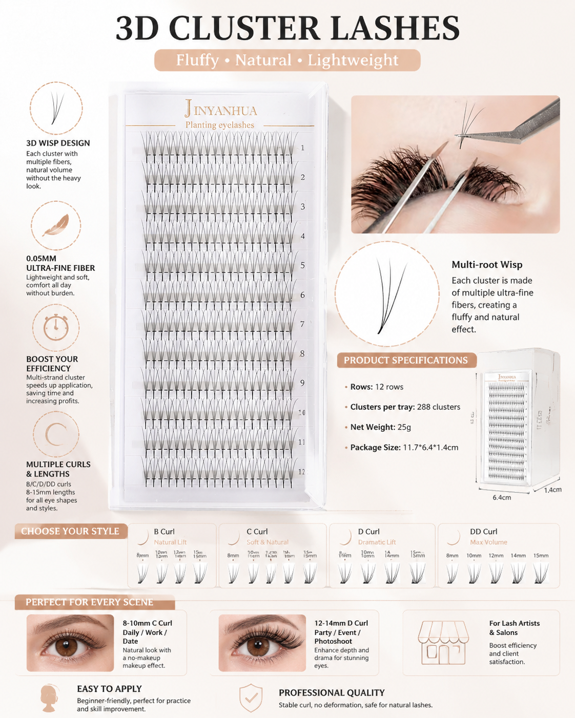JINYANHUA 0.05mm 3D Tapered Long Stem False Lashes