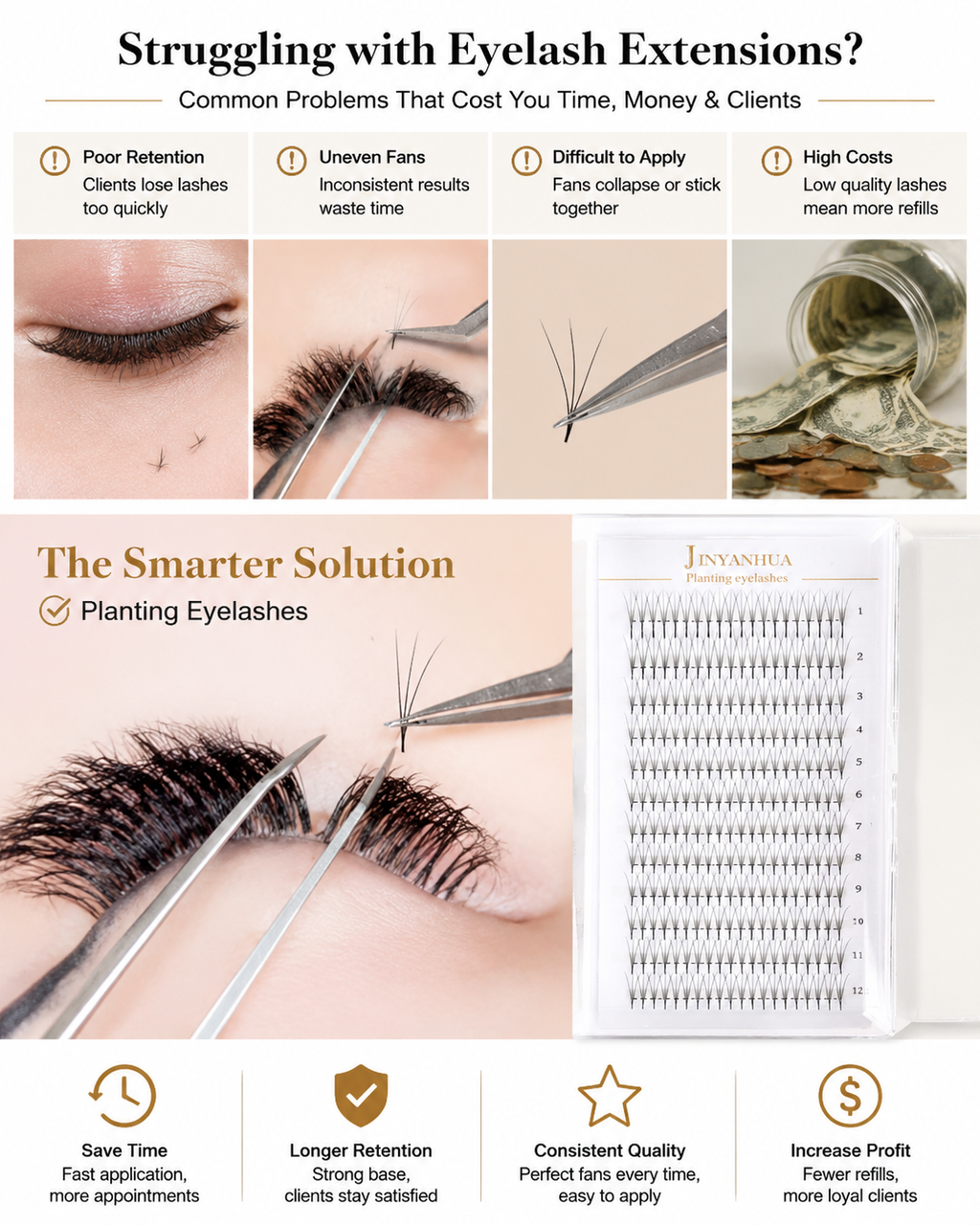 JINYANHUA 0.05mm 3D Tapered Long Stem False Lashes