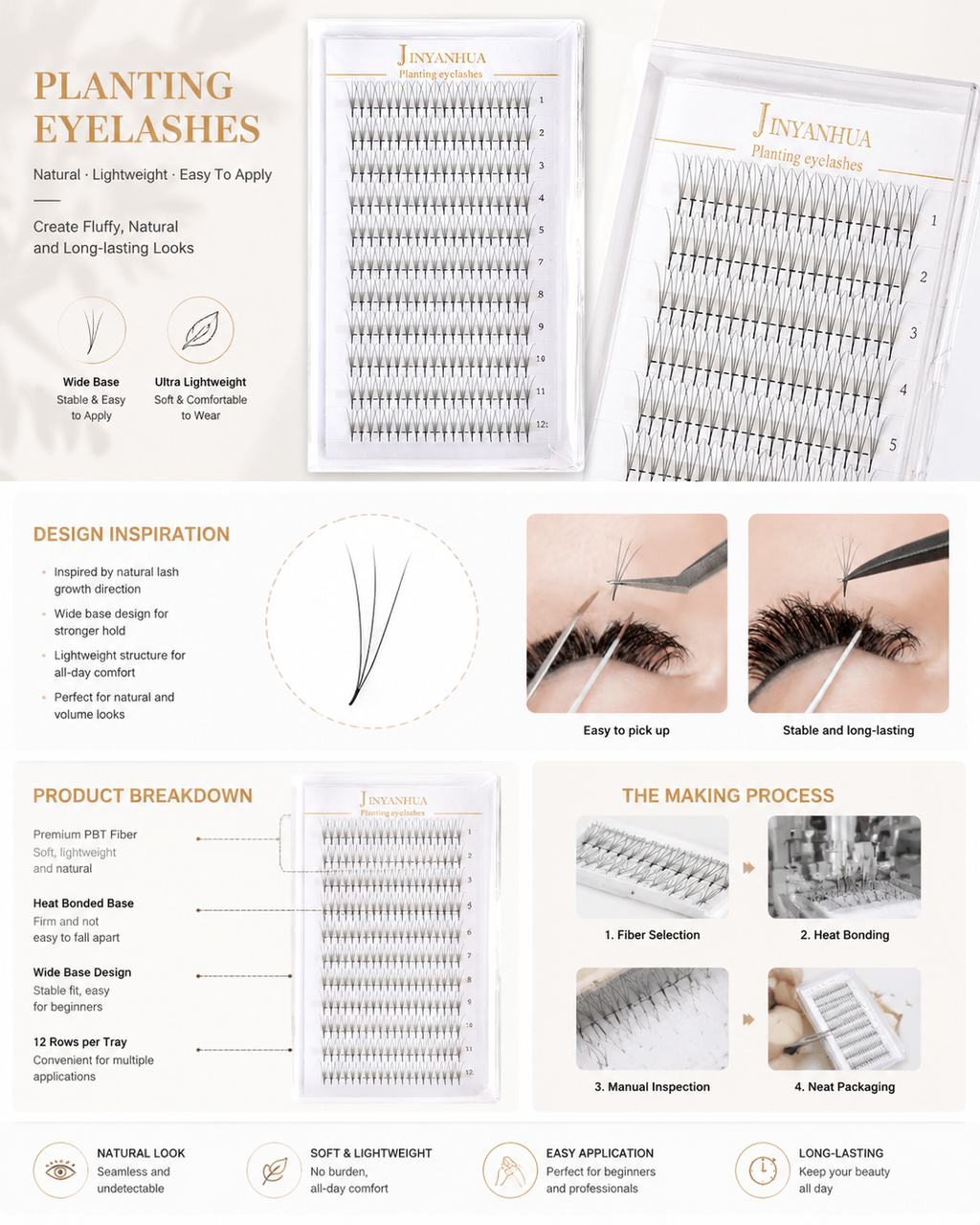 JINYANHUA 0.05mm 3D Tapered Long Stem False Lashes