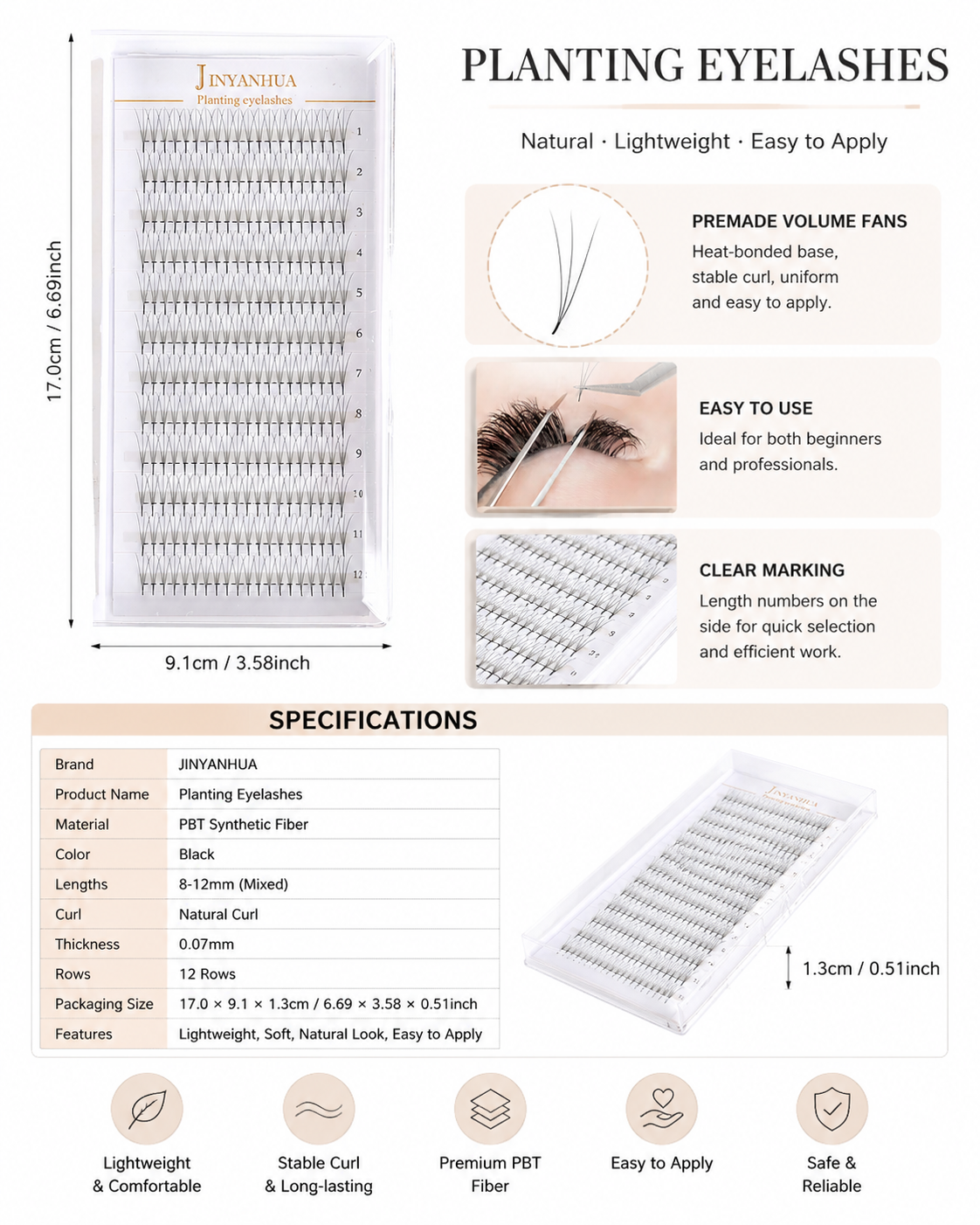 JINYANHUA 0.05mm 3D Tapered Long Stem False Lashes