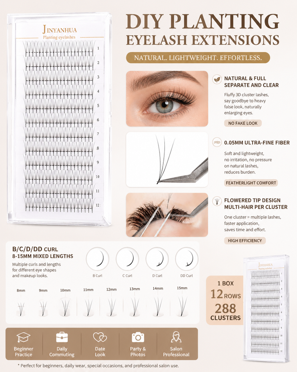 JINYANHUA 0.05mm 3D Tapered Long Stem False Lashes