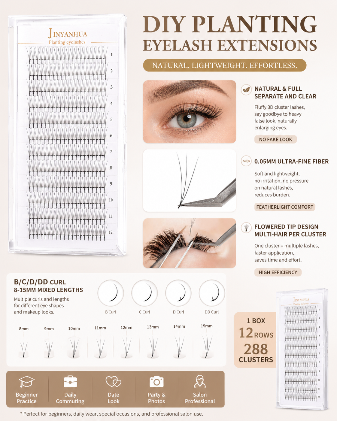 JINYANHUA 0.05mm 3D Tapered Long Stem False Lashes