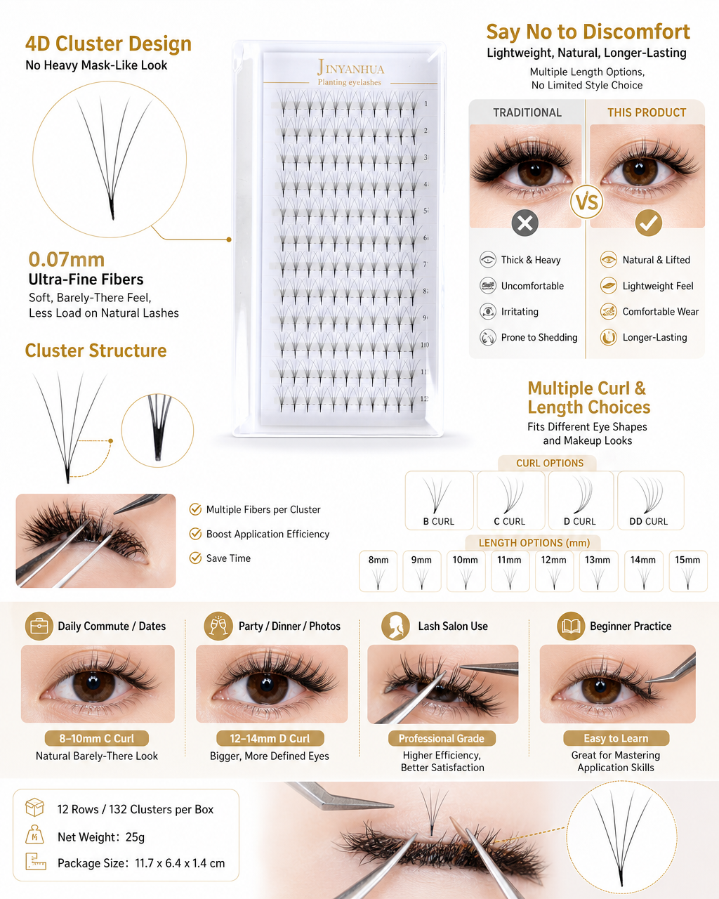 JINYANHUA 0.05mm 5D Tapered Long Stem False Lashes