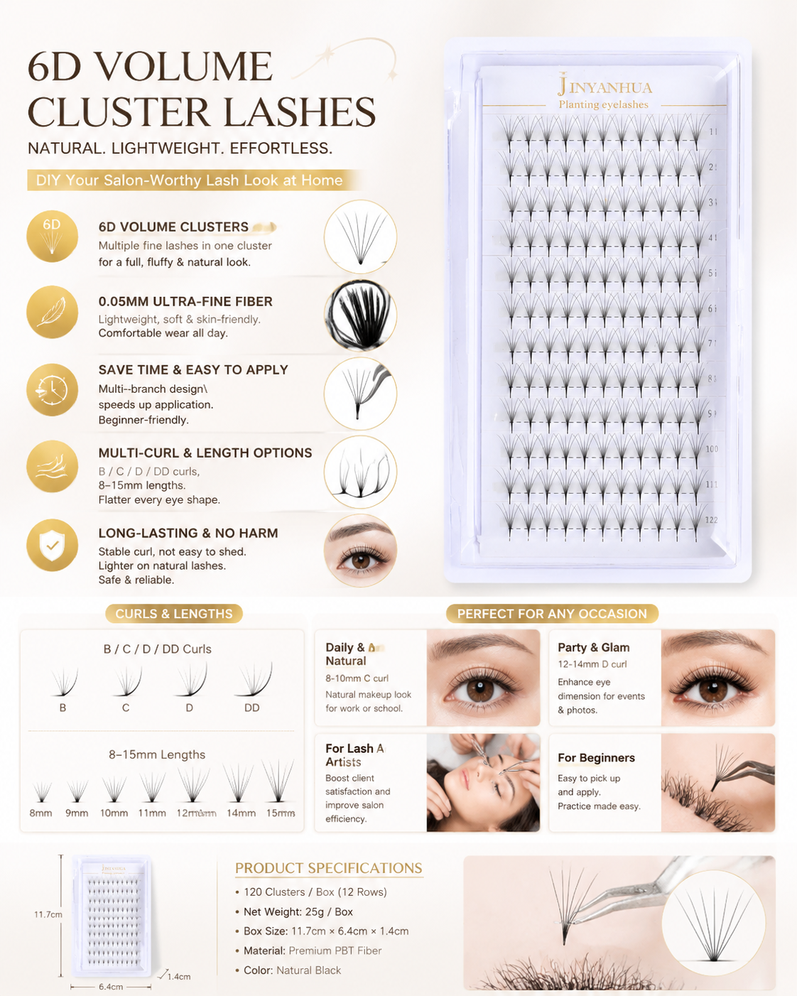 JINYANHUA 0.05mm 6D Tapered Long Stem False Lashes
