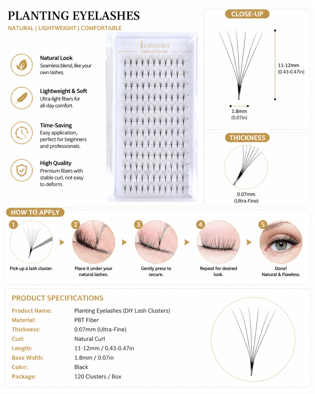 JINYANHUA 0.05mm 6D Tapered Long Stem False Lashes