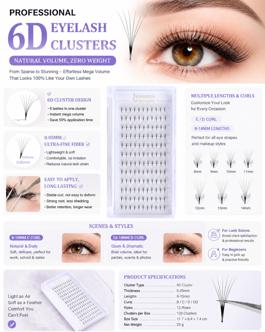 JINYANHUA 0.05mm 6D Tapered Long Stem False Lashes