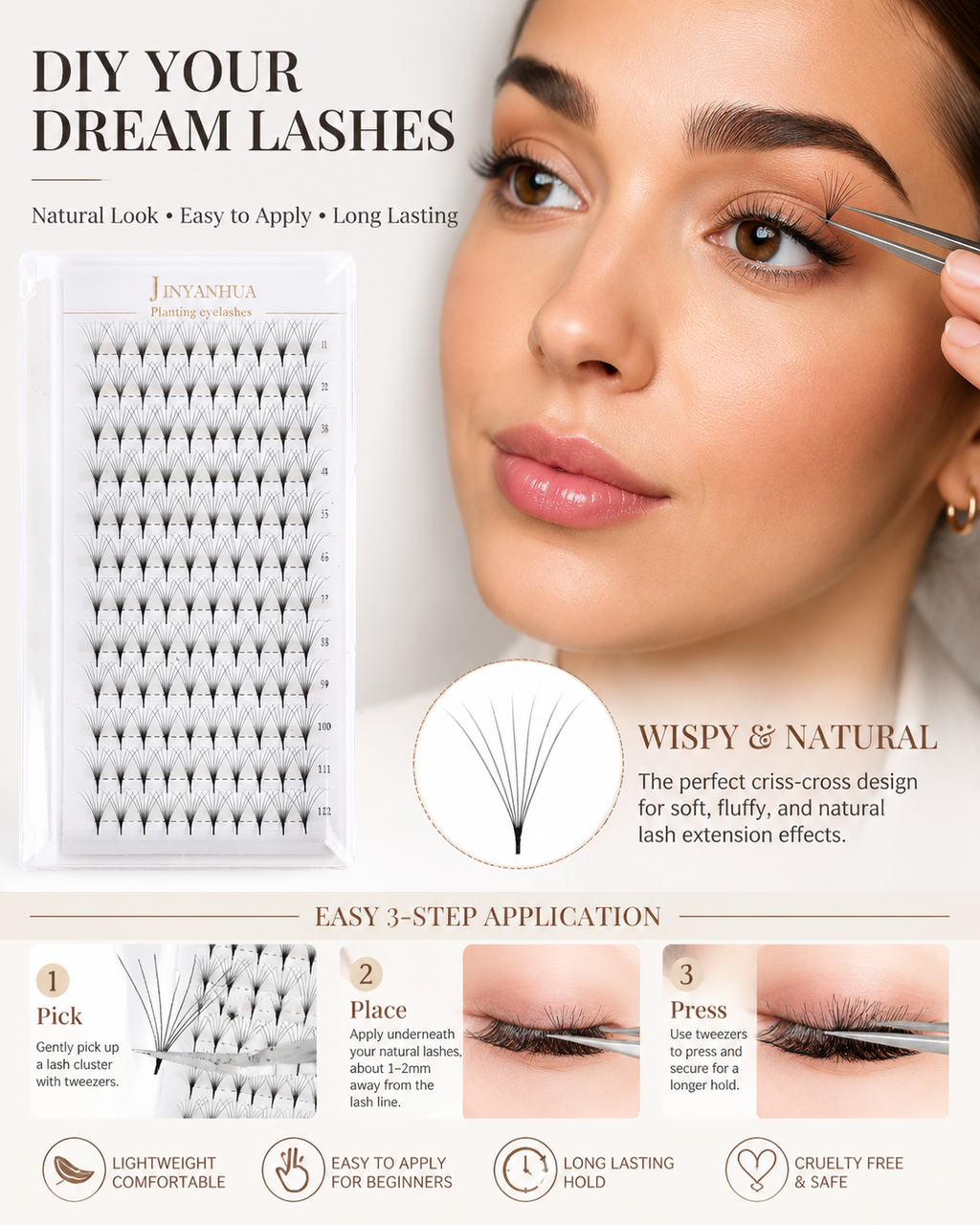 JINYANHUA 0.05mm 7D Tapered Long Stem False Lashes