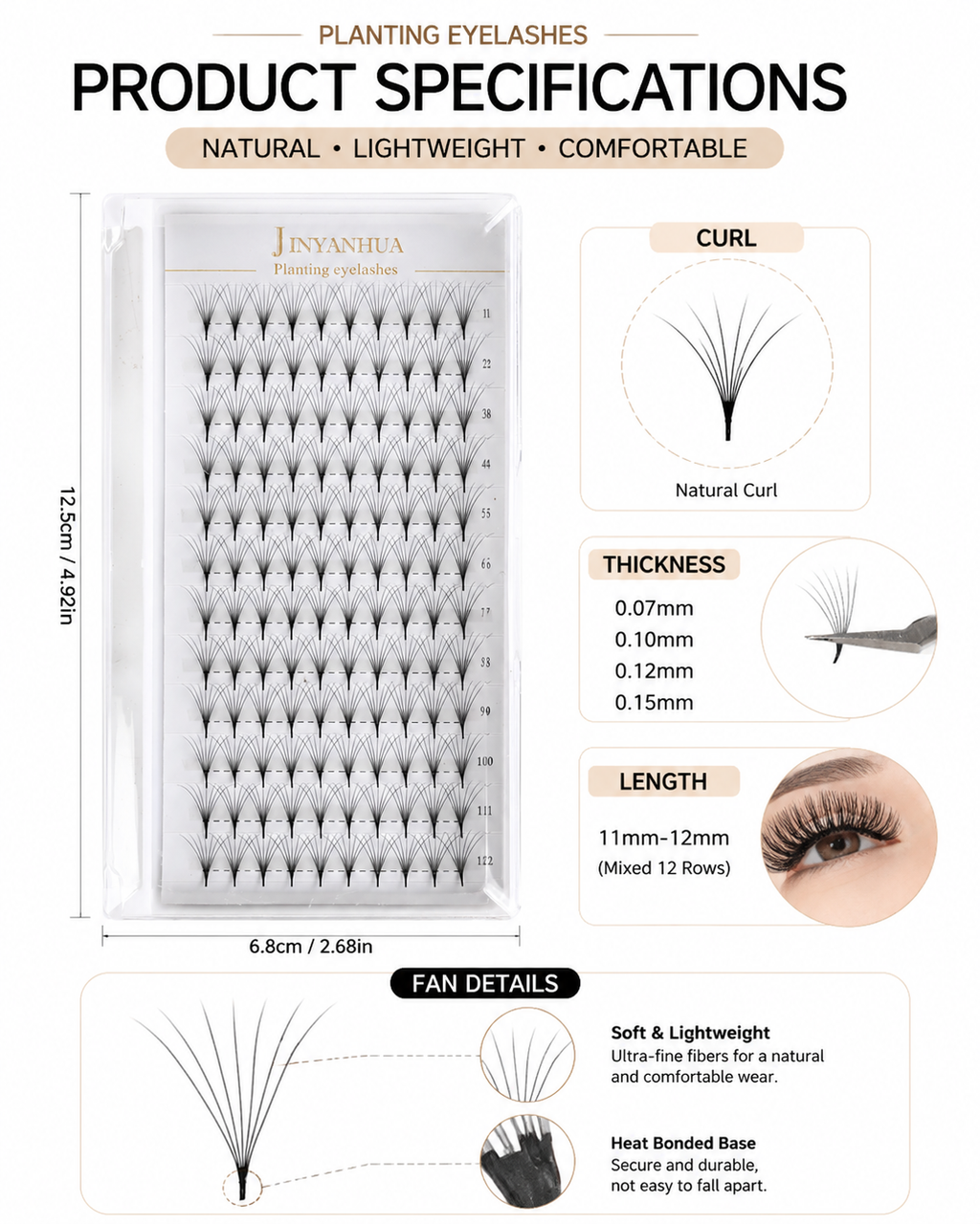 JINYANHUA 0.05mm 7D Tapered Long Stem False Lashes