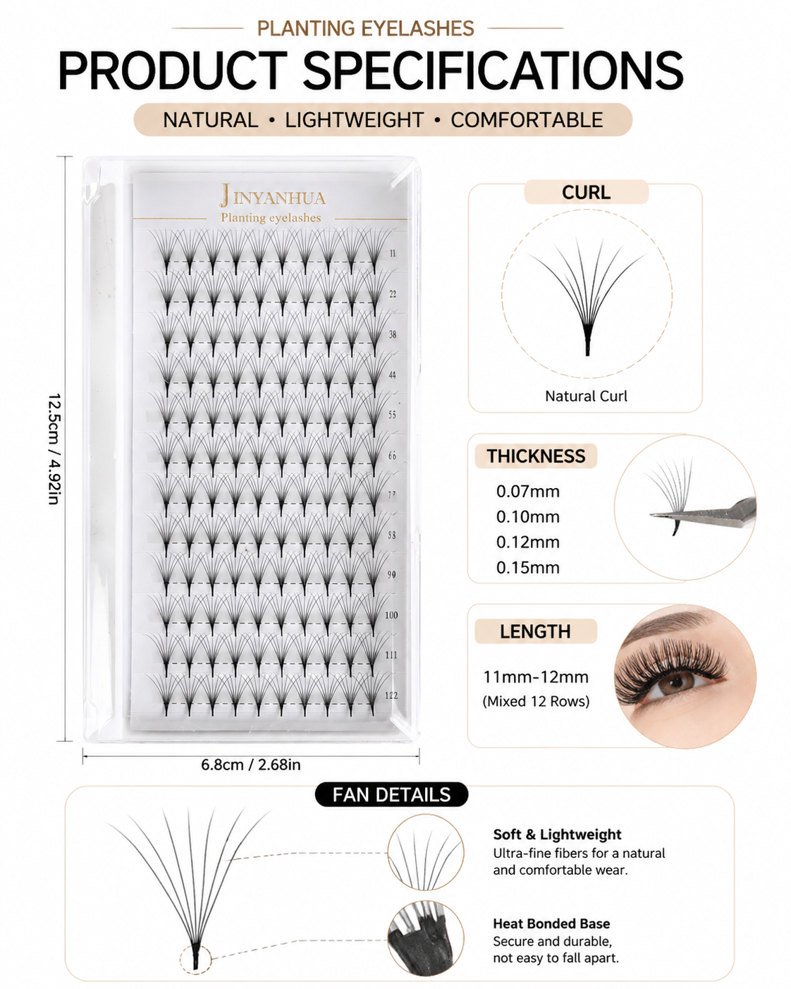 JINYANHUA 0.05mm 7D Tapered Long Stem False Lashes