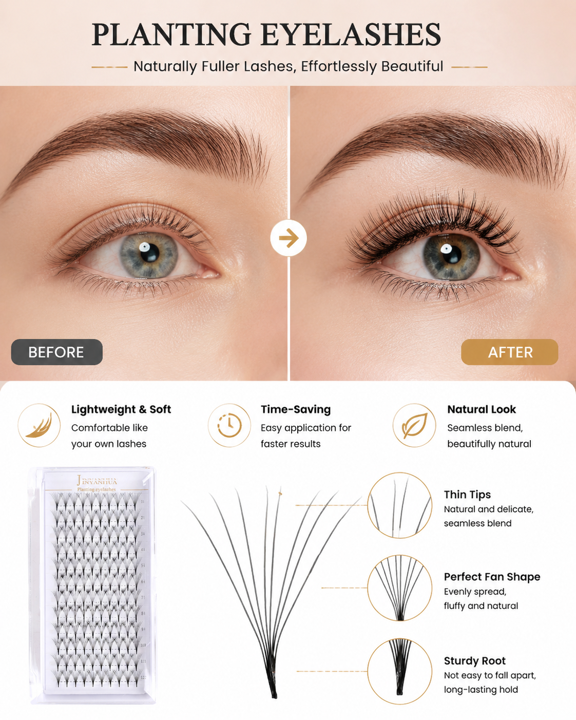 JINYANHUA 0.05mm 8D Tapered Long Stem False Lashes