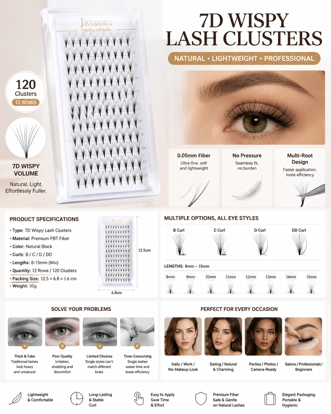 JINYANHUA 0.05mm 8D Tapered Long Stem False Lashes