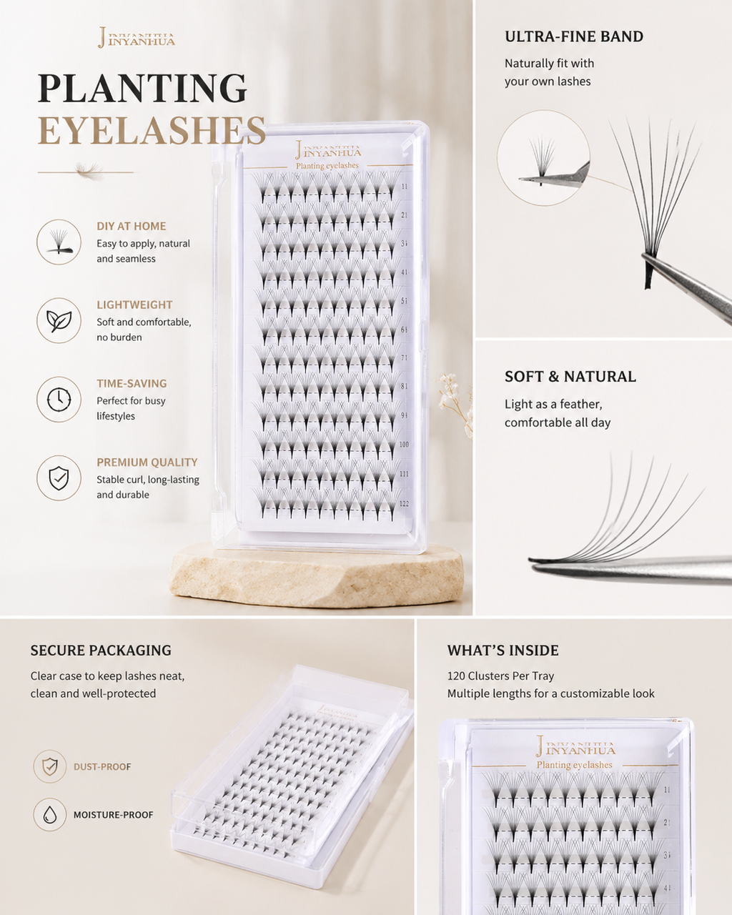 JINYANHUA 0.05mm 10D Tapered Long Stem False Lashes