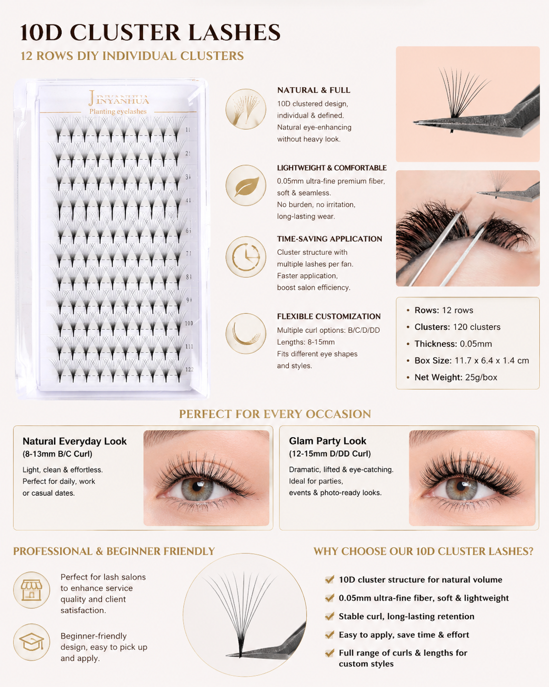 JINYANHUA 0.05mm 10D Tapered Long Stem False Lashes