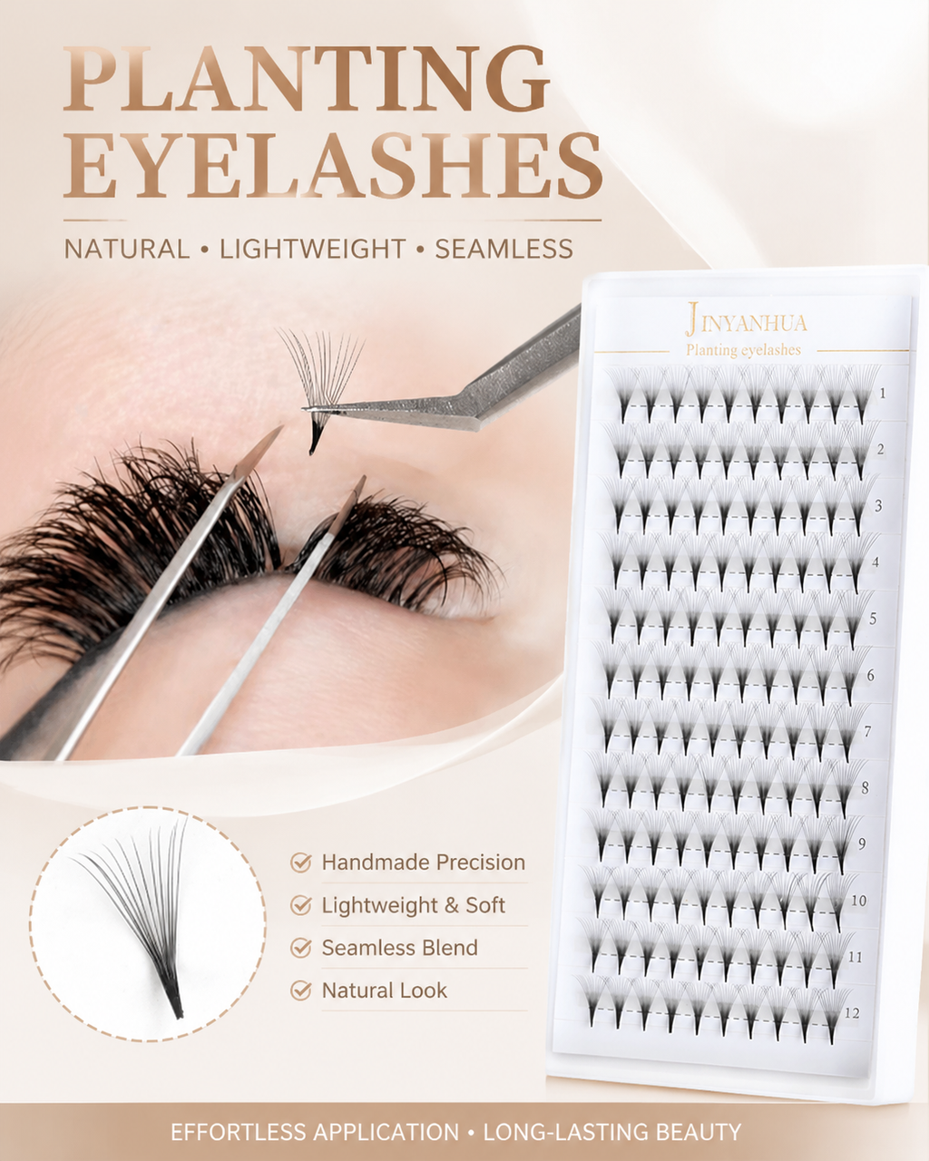 JINYANHUA 0.05mm 12D Tapered Long Stem False Lashes
