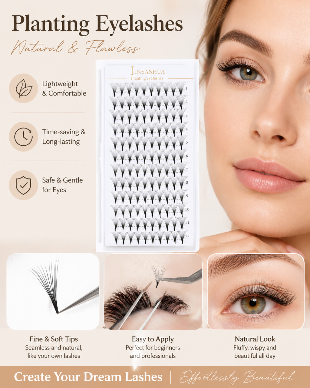 JINYANHUA 0.05mm 12D Tapered Long Stem False Lashes
