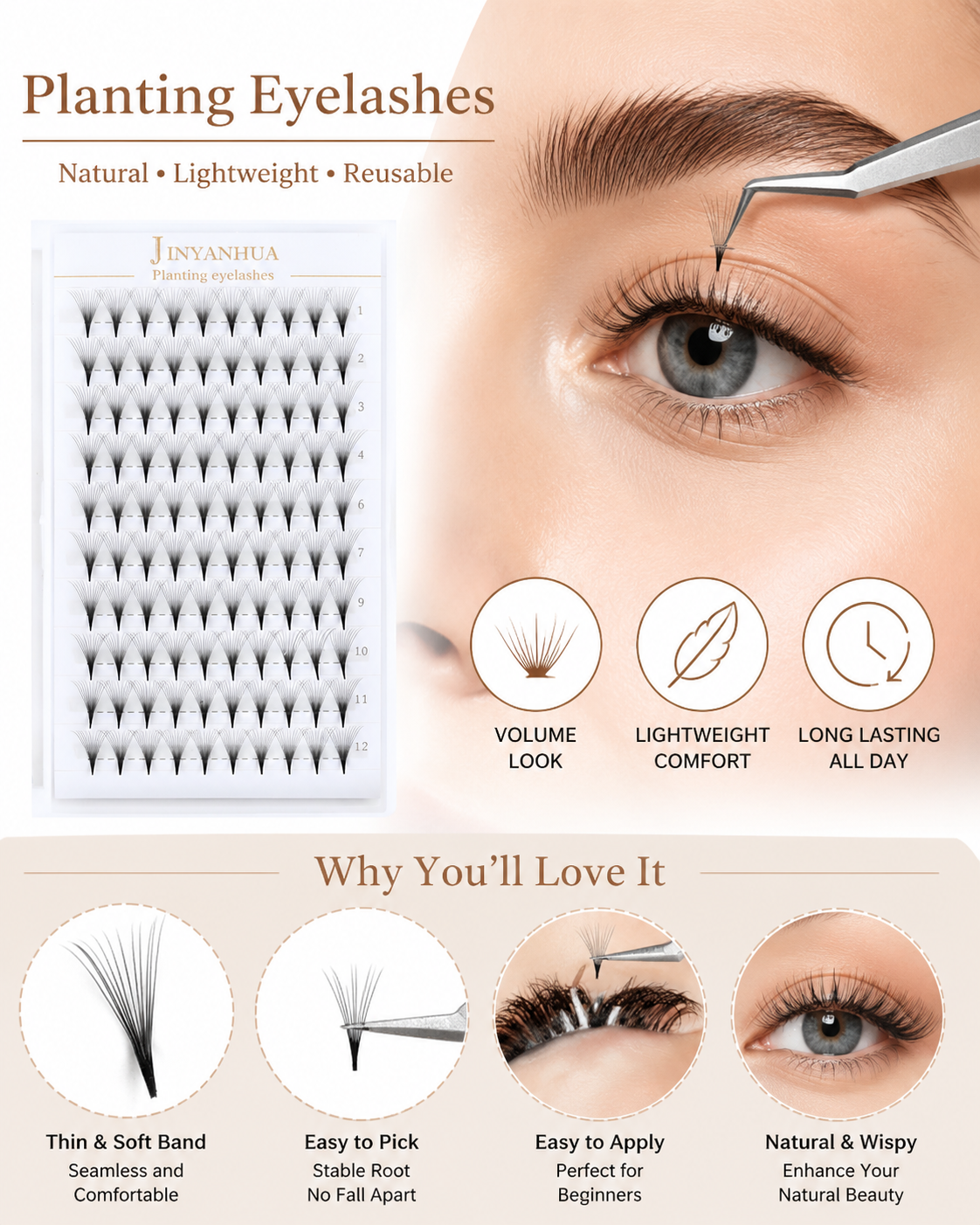 JINYANHUA 0.05mm 12D Tapered Long Stem False Lashes