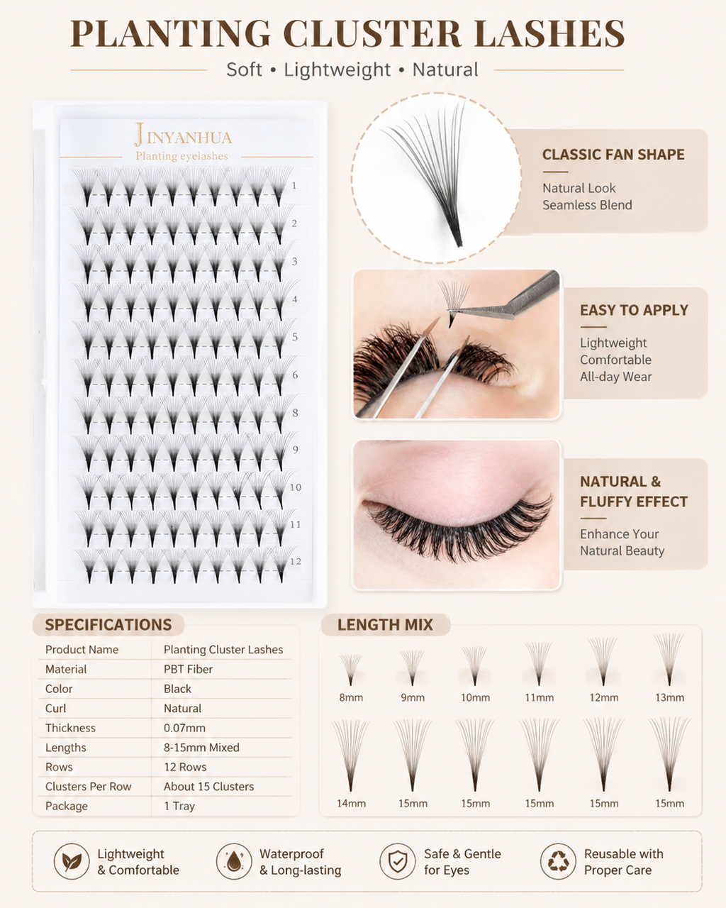 JINYANHUA 0.05mm 12D Tapered Long Stem False Lashes